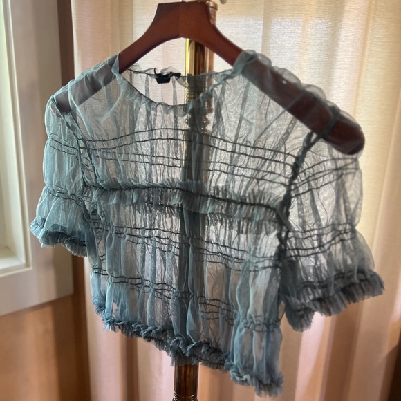 Topshop Tops - Topshop Sheer Smocked Crop Blouse in Blue/Green